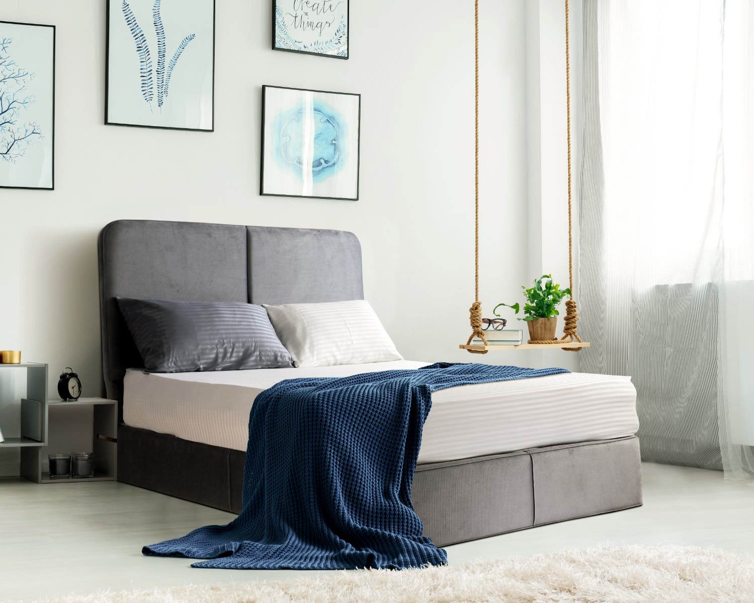 Beech Wood Queen Size Bed, Velvet Linen, 160×195 cm - Grey