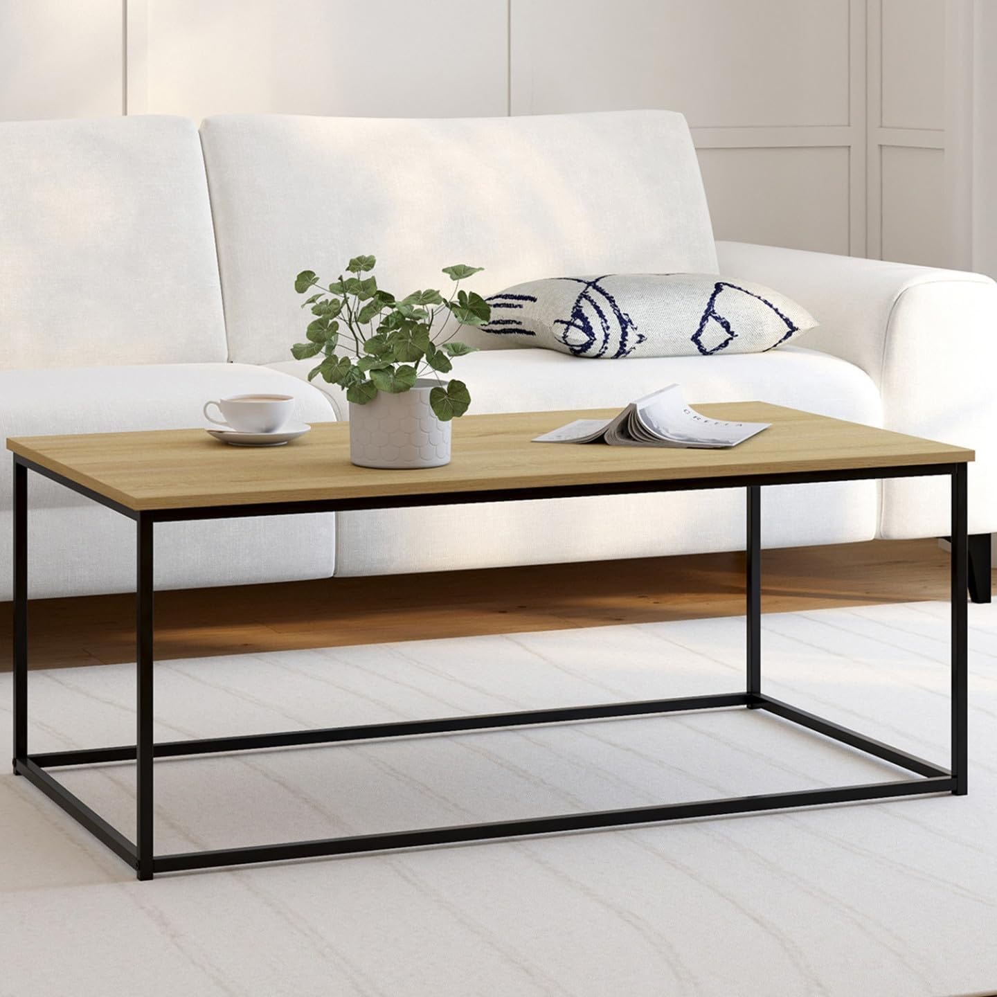 Coffee table made of wood and metal, with a sturdy metal frame, in rustic wood and black, metal (solid) frame - beige
