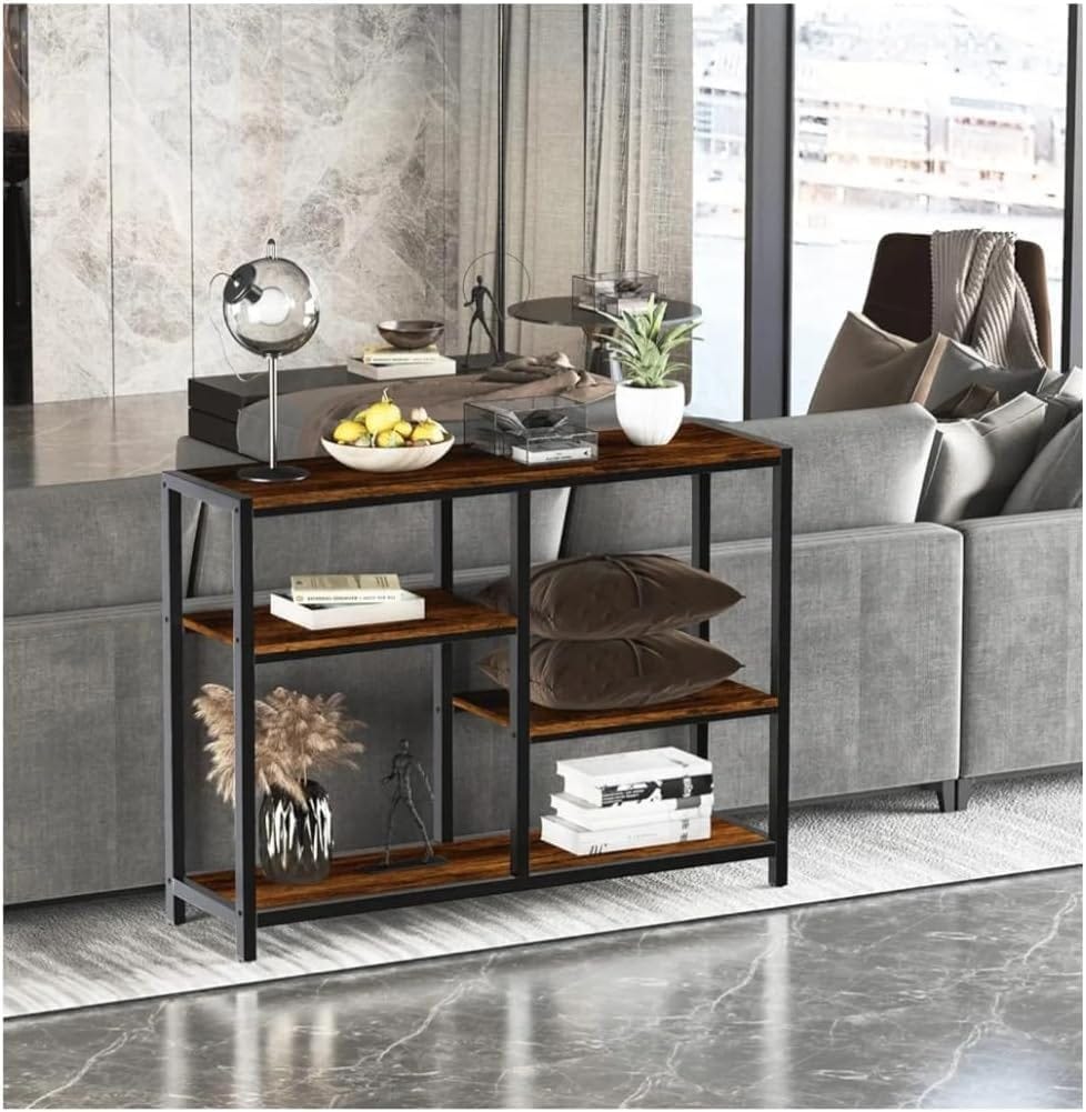 3-Tier Storage Console/Side Table (Wood and Metal), Water and Scratch Resistant MDF + Black Metal Frame, Rustic Brown Color