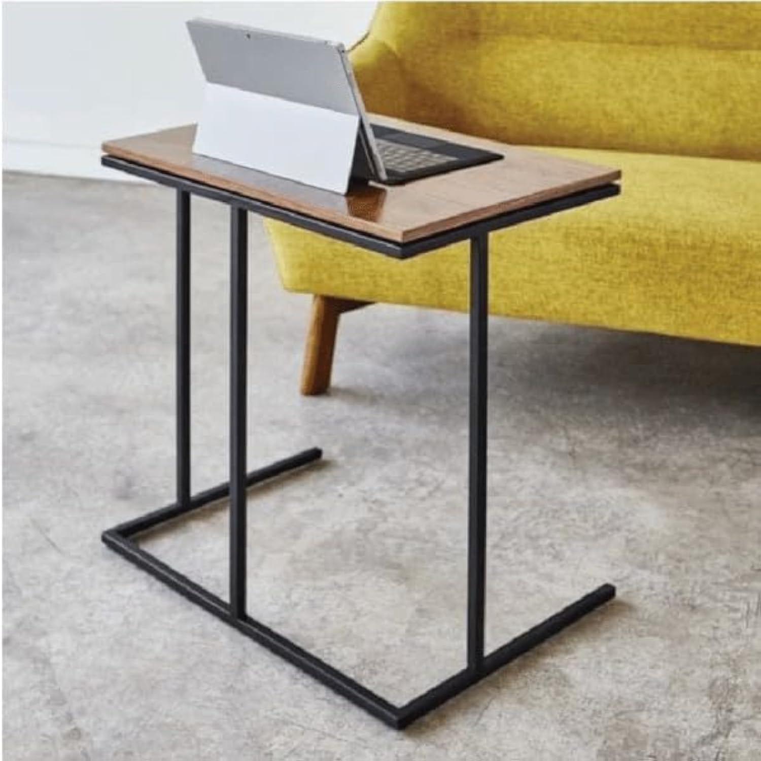 Side table (C-shaped side table) - Iron and wood, black iron frame + wooden top (natural wood color) - Beige