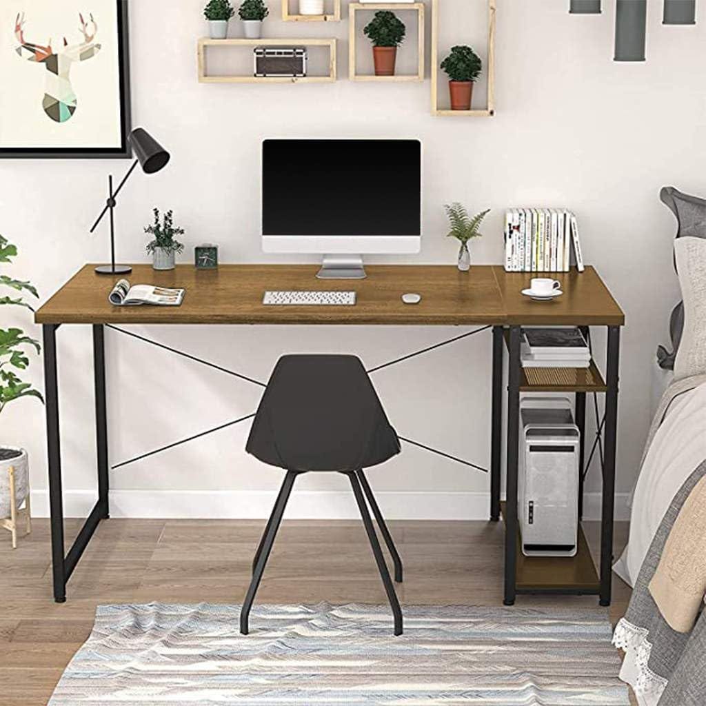 Computer desk with side storage shelves, high-quality medium-density fiberboard (MDF) surface + black metal frame with electrostatic powder coating - wood grain