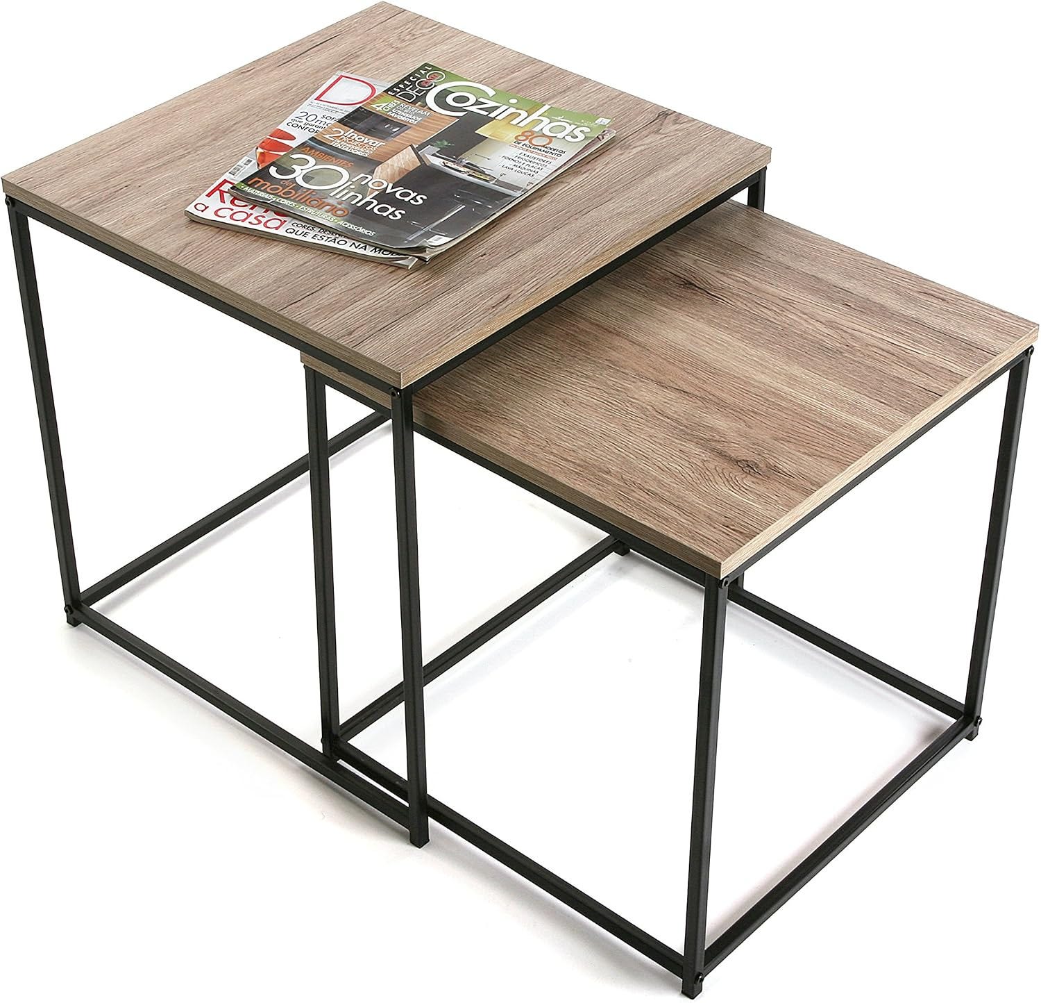 Nesting Tables Set - 2 Pieces, Wood and Metal, Black Metal Frame + Natural Brown Wood Top - Wood