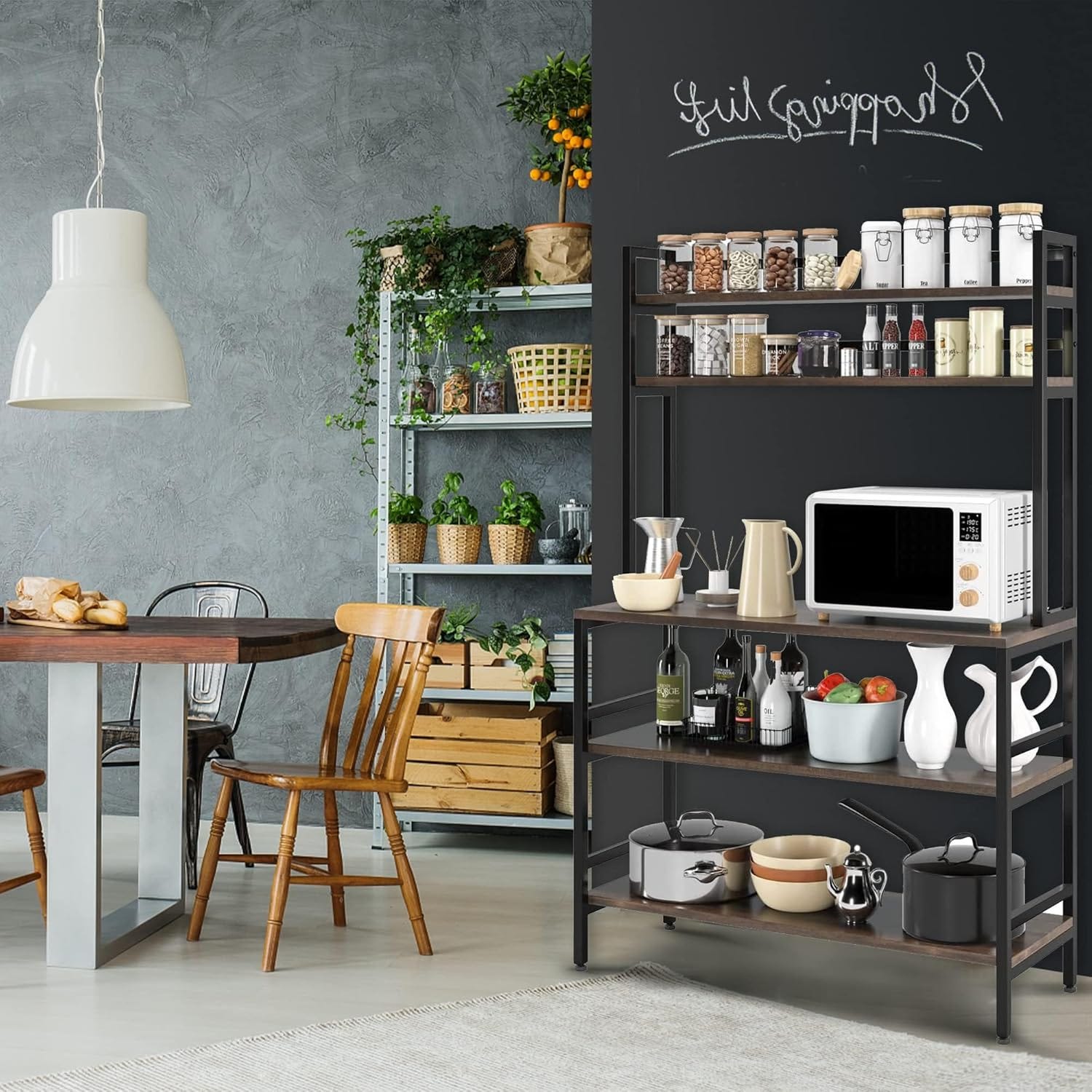 Multi-tiered microwave and oven rack/stand - metal and wood, sturdy anti-tip metal frame + brown wooden shelves, classic/industrial design - black brown