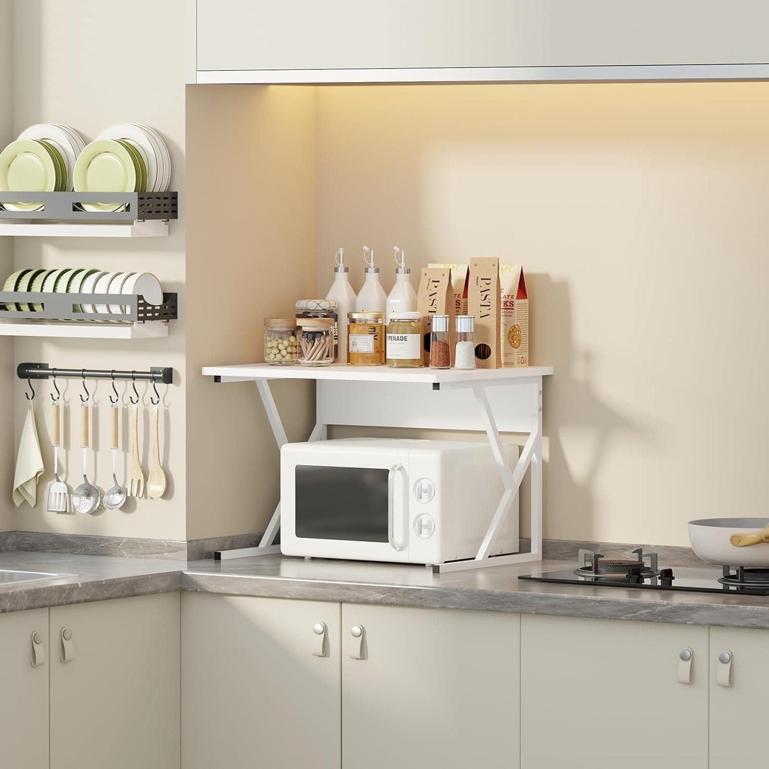 Two-tier white wood and metal frame microwave stand; white wooden top + X-shaped metal frame for support; legs with rubber feet to protect the surface - white