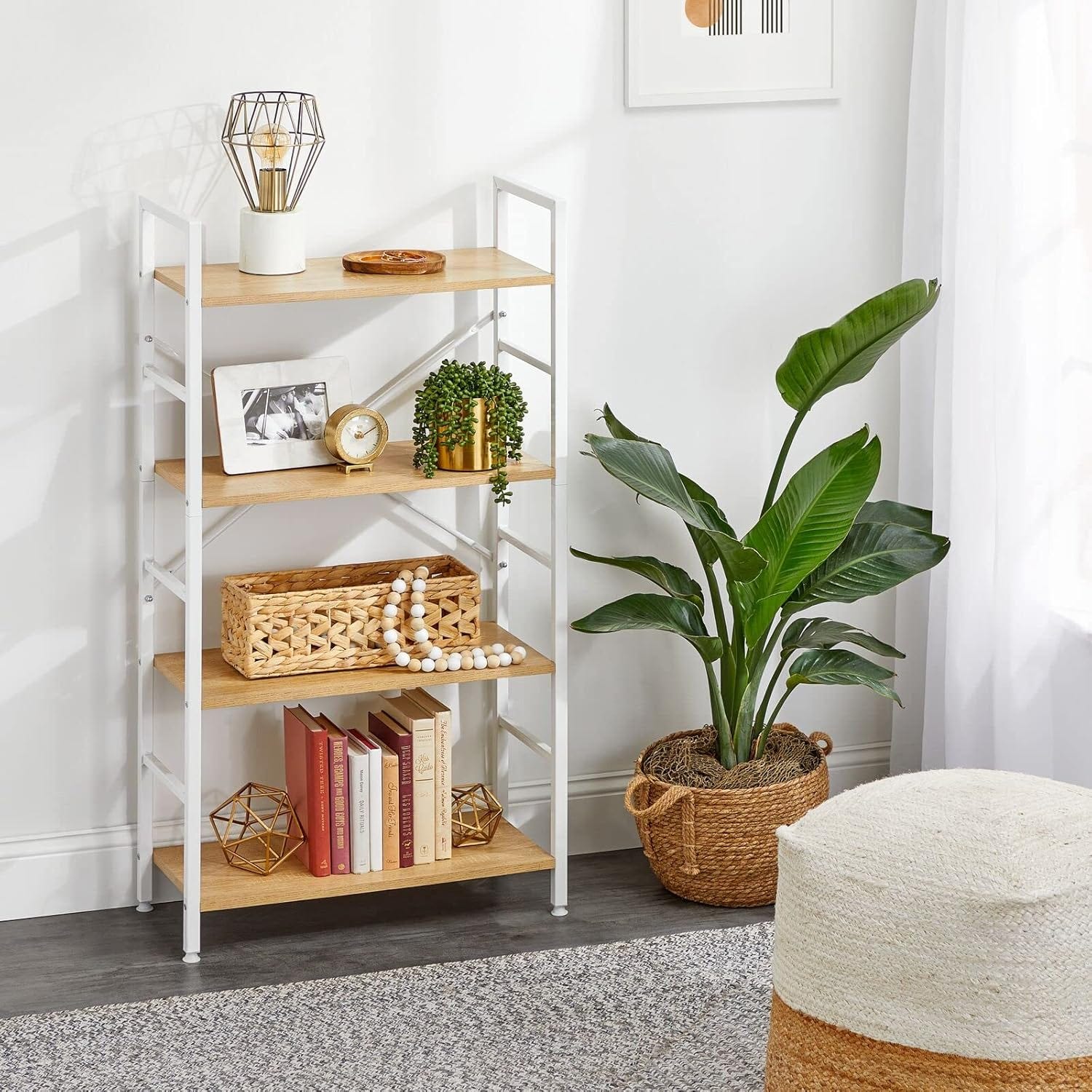 4-Tier Open Bookshelf - Metal and Wood + MDF Wooden Shelves in Oak Wood Color - Beige White