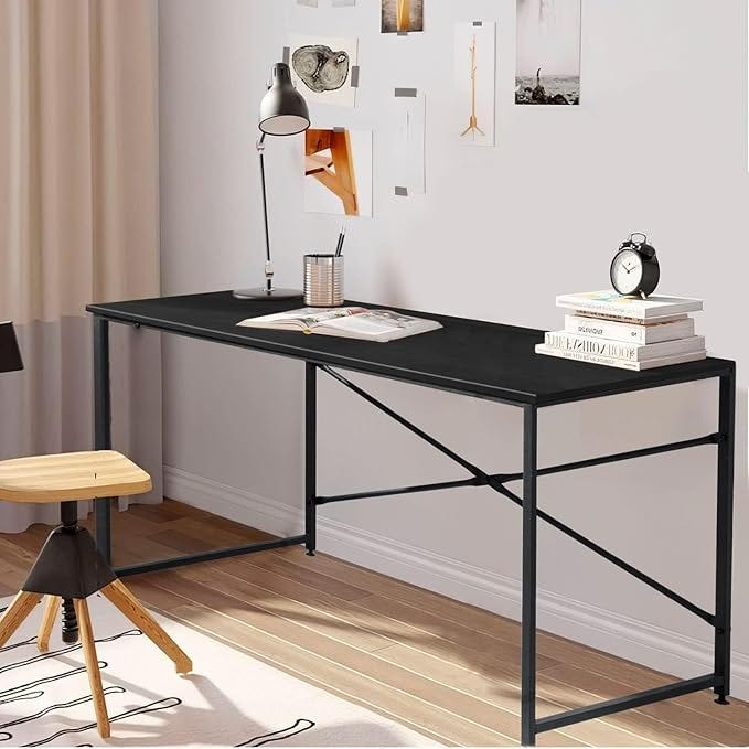 Modern study and work desk with a wooden top, made of moisture-resistant medium-density fiberboard (MDF) + steel frame - black