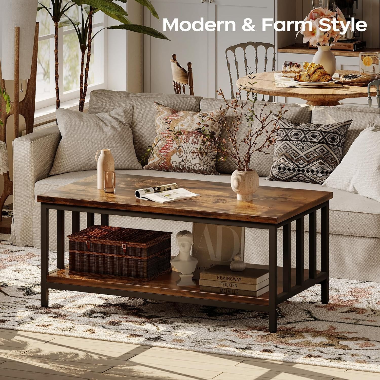 Rustic style living room coffee table with side frame, medium-density fiberboard (MDF) top + sturdy black metal frame with slatted side panels - black wood