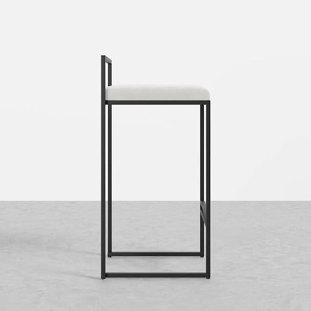 Metal bar stool with backrest, sturdy black metal frame + padded seat cushion (black leather/fabric) - Black