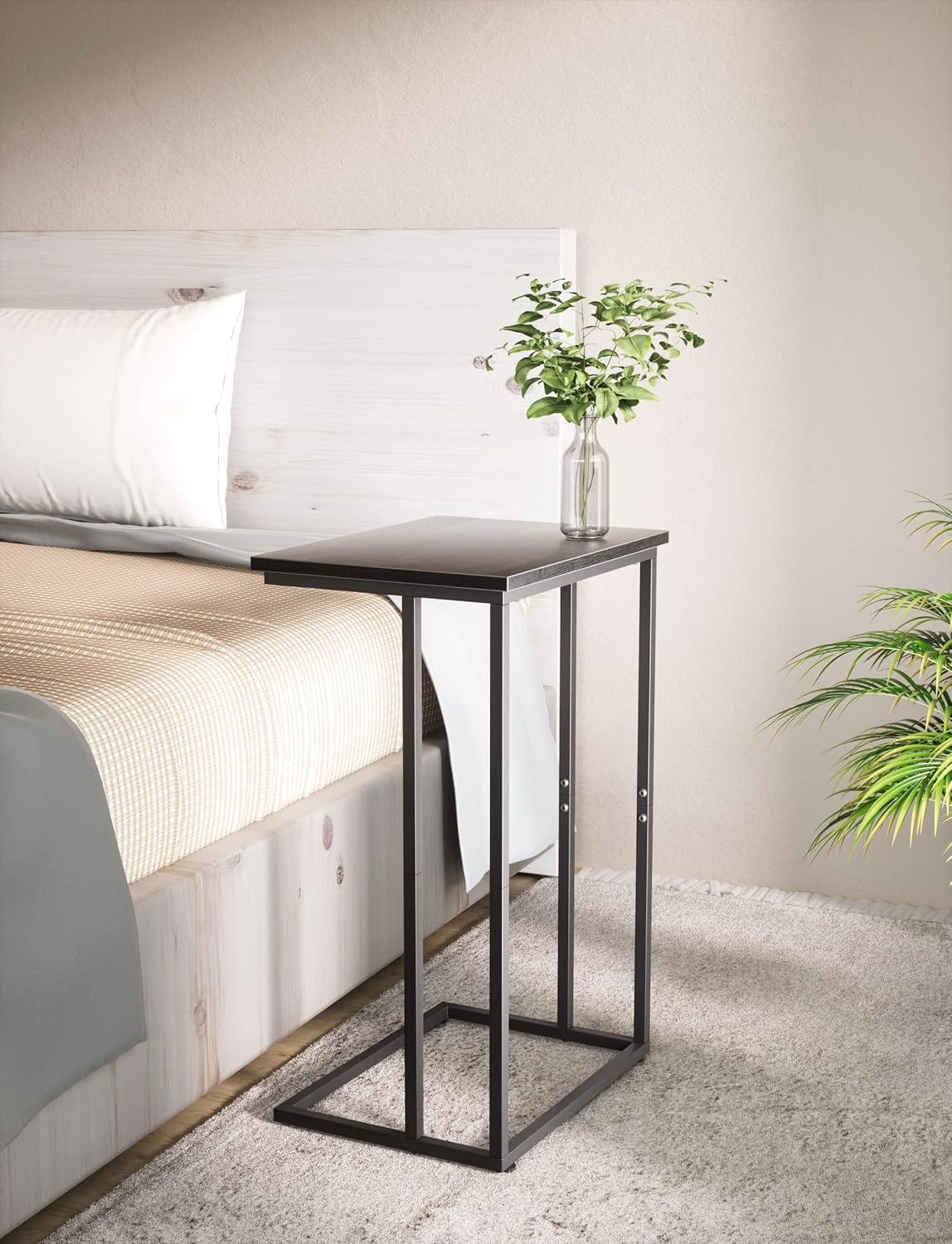 Industrial style C-shaped side table with a metal frame for bedroom and living room, particleboard top - black
