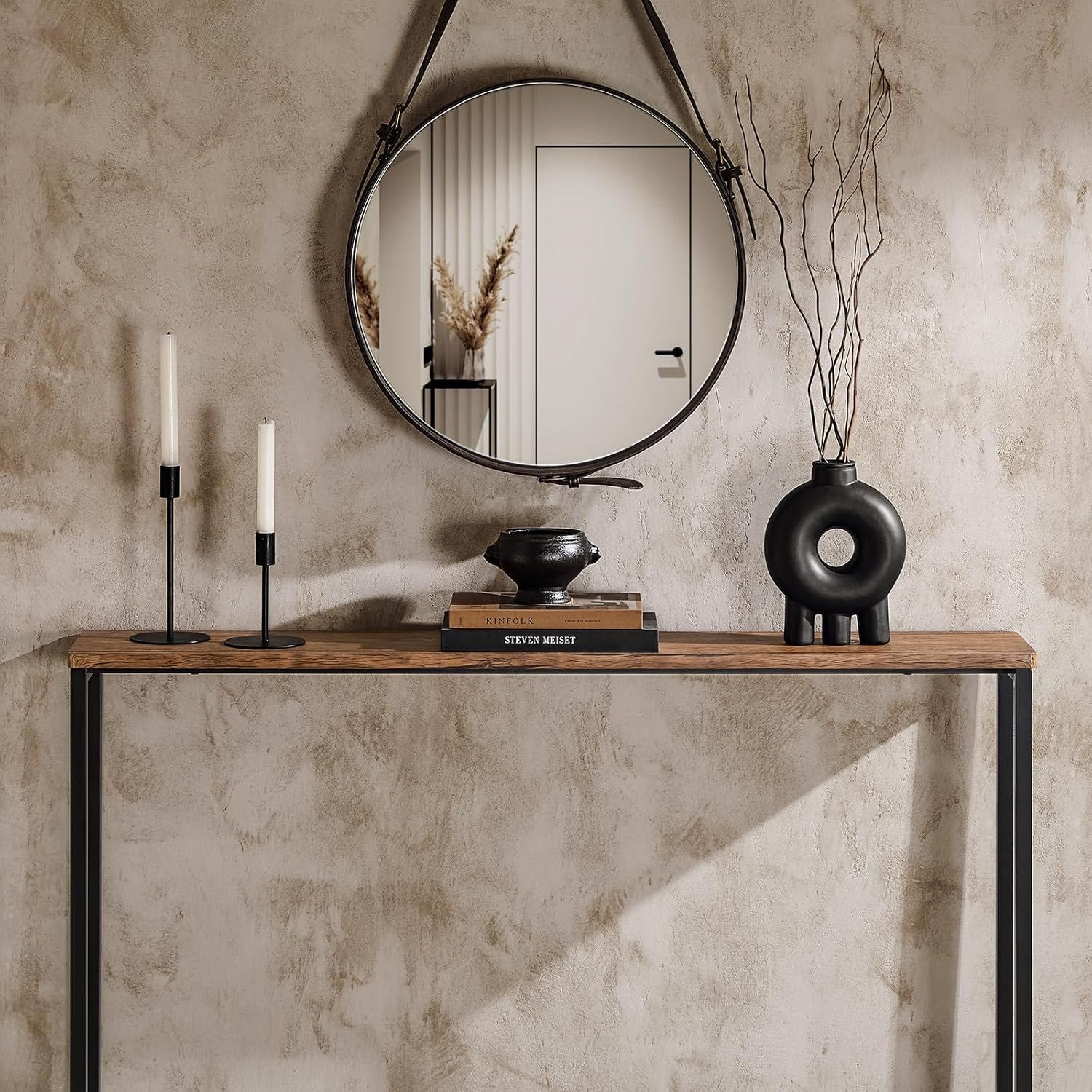 Slim console table for the entryway - MDF wood and metal, fiberboard top + black steel frame - black brown