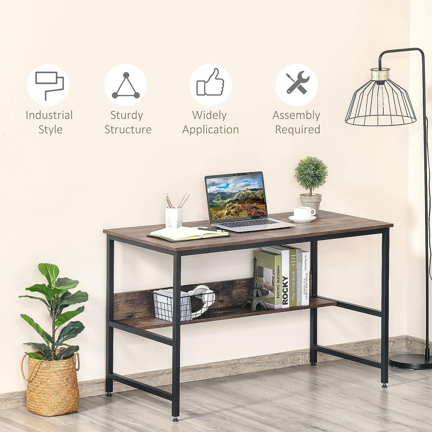 Desk with storage shelf, metal frame, for home, office, study, and writing + Sturdy metal frame in brown/black - black wood