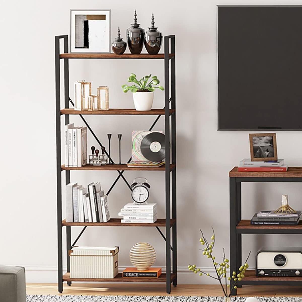Bon Ogur Industrial Bookshelf Unit, 5-Tier Bookcase and Bookshelf, Wooden and Metal Shelving Unit - Black
