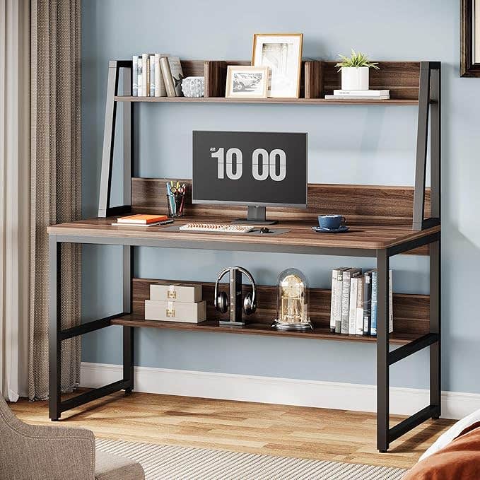 Metal Computer Desk With Storage Shelves, 120x140x60 cm - Black Wooden