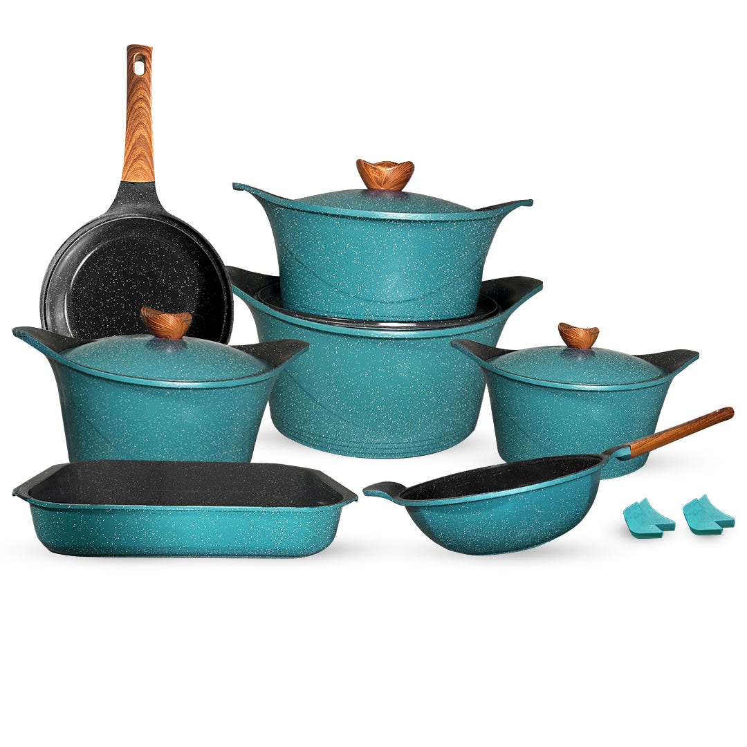 Glory Granite Cookware Set, 15 Pieces, 15 kg, 75x32x39cm - Green