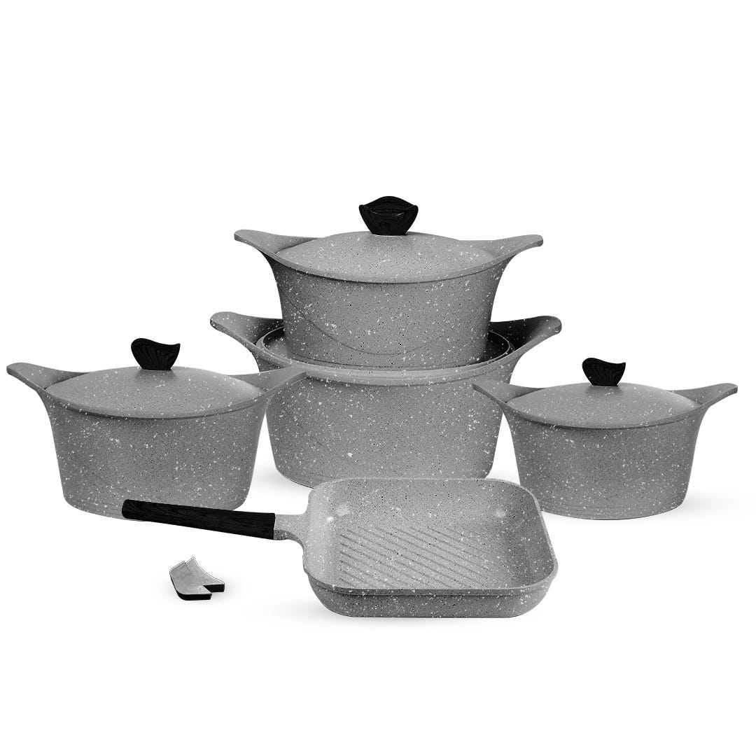 Glory Granite Cookware Set, 11 Pieces, 9.5 kg, 68x32x28cm - Grey