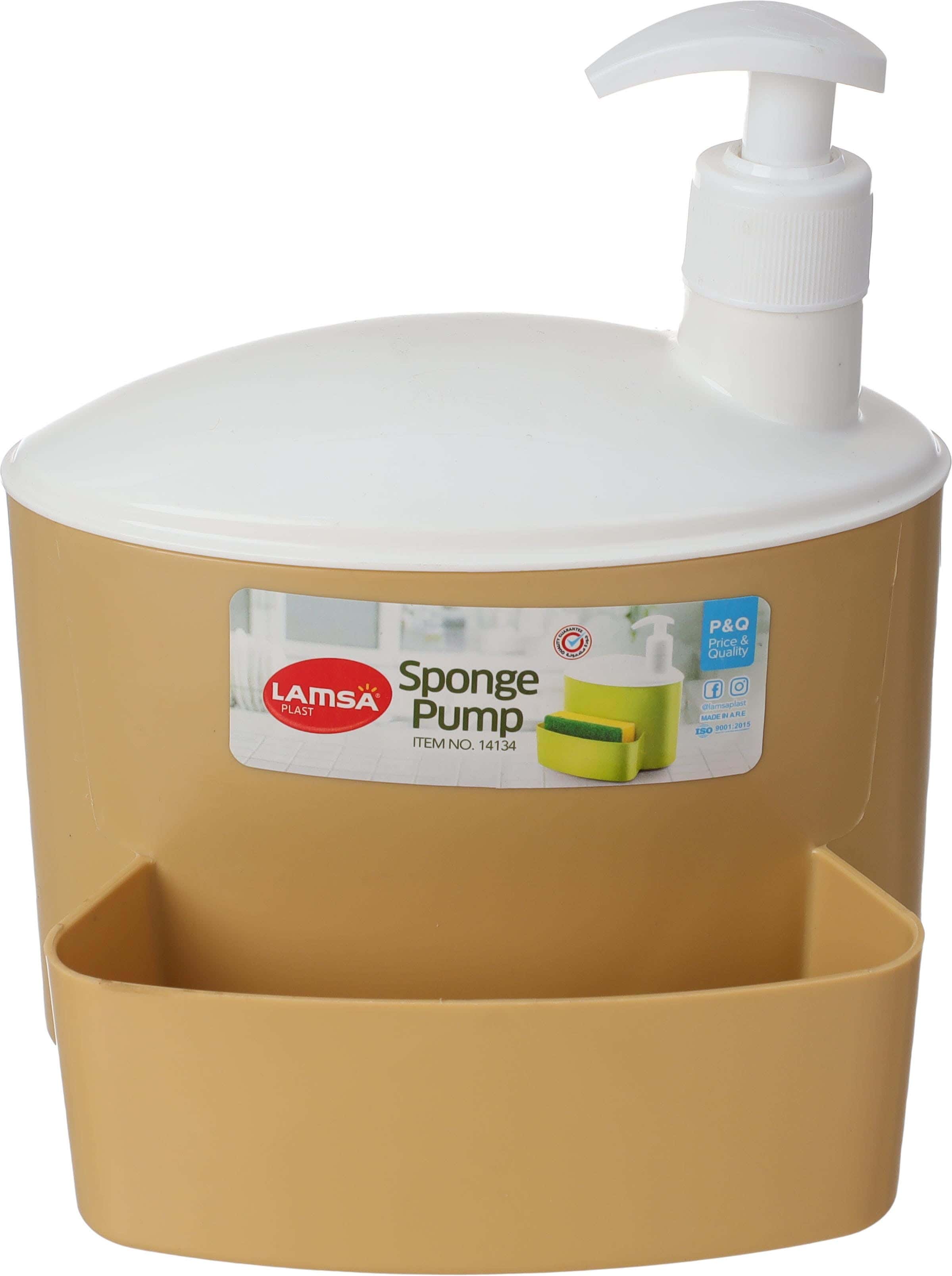 Lamsa Plast Plastic Soap Pump, with Front Sponge Holder, 19×16×13 cm - White Beige