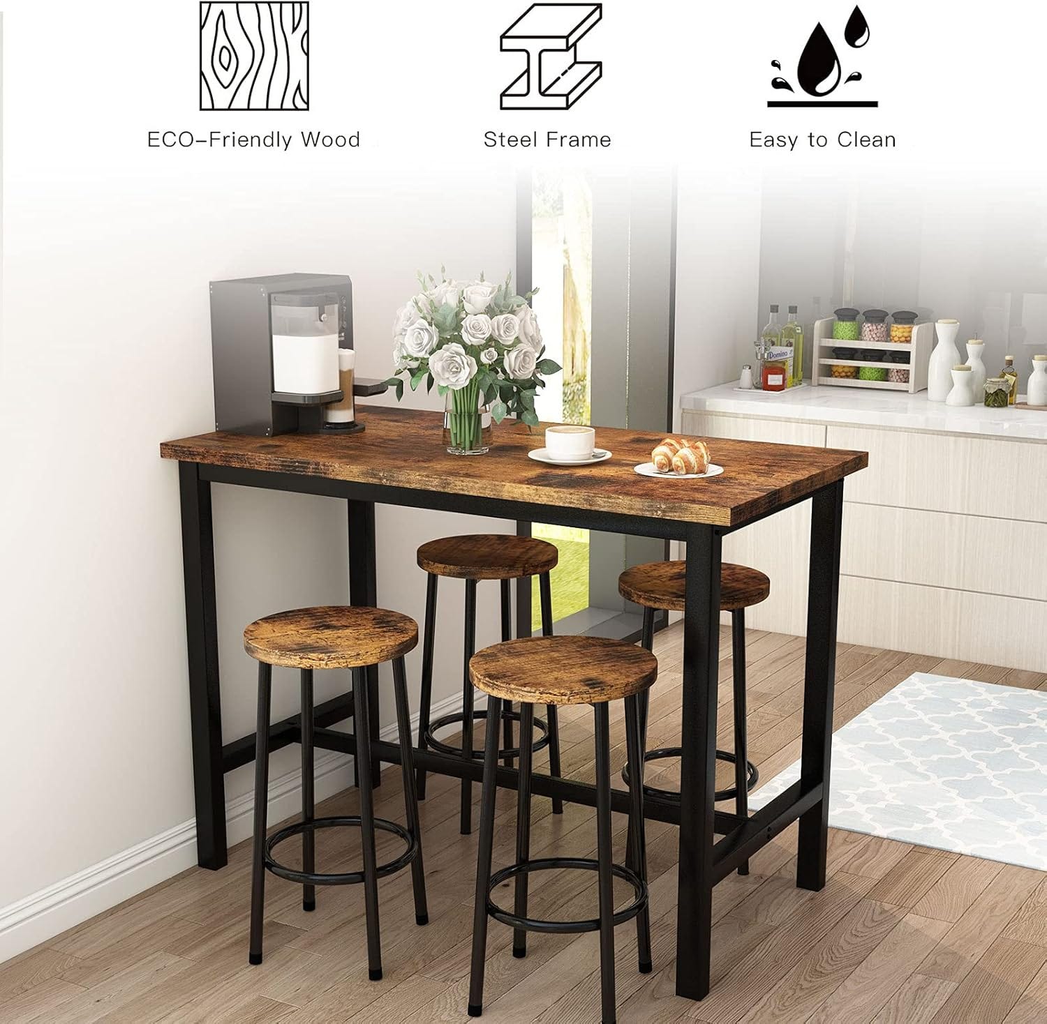 Dining table + 4 chairs, metal frame with a matte silver bodycoat, rust-resistant - black brown