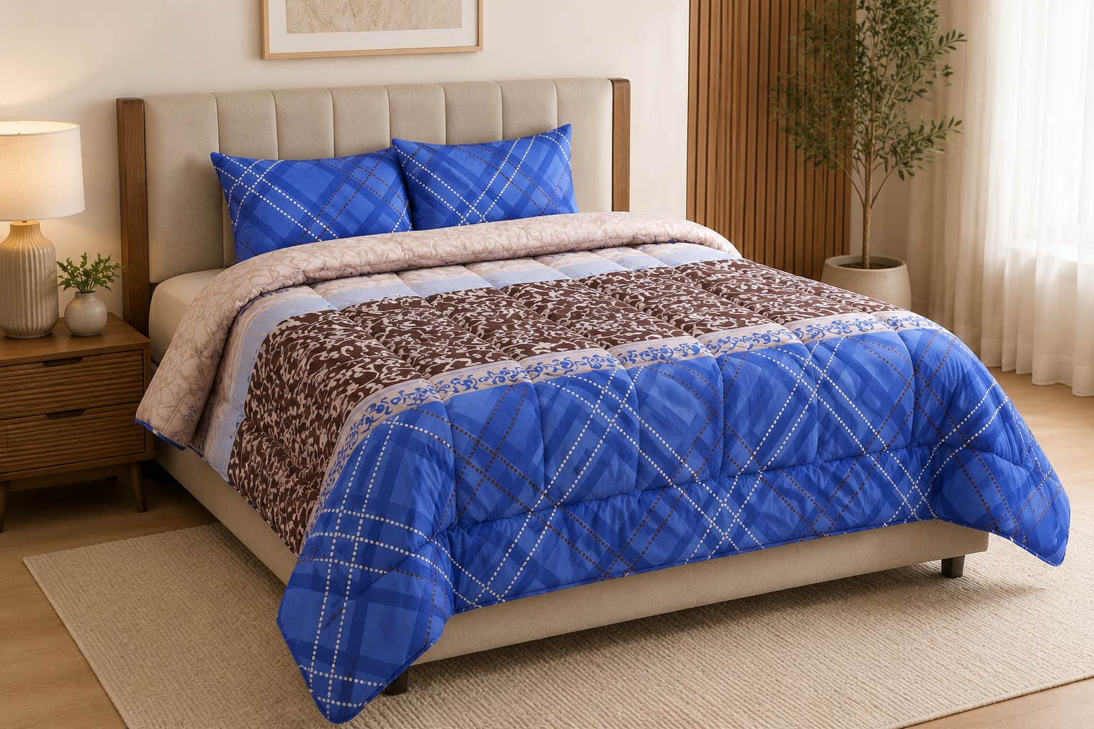 Al Maamoun Cotton Quilt, 3 Pieces - Brown Light Blue