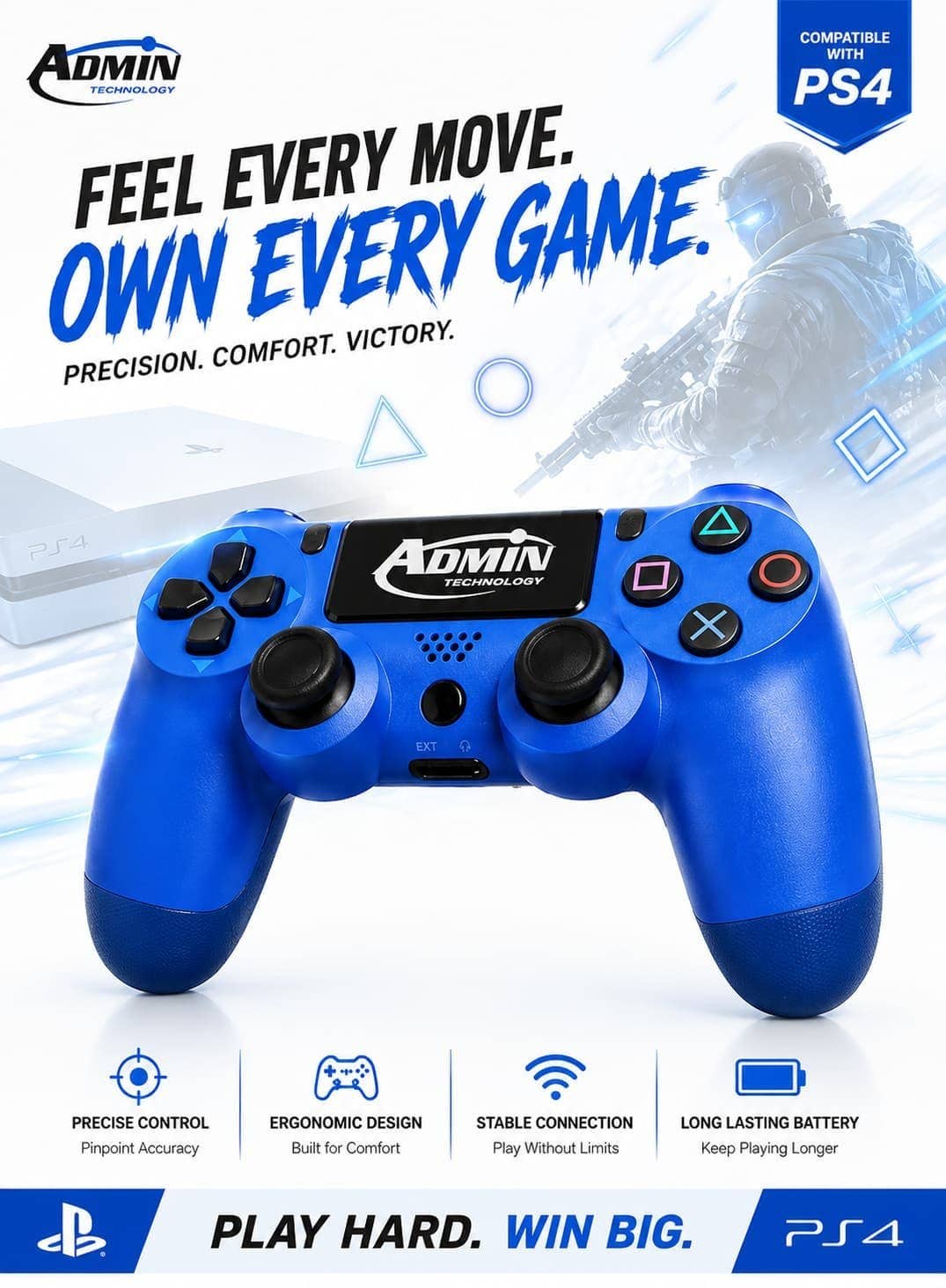Professional Wireless Controller For Playstation 4 (Ps4/Slim/Pro/) With 6-Axis Motion Sensor, Interactive Touchpad, 3.5Mm Audio Jack, And Dual Vibration - High-Precision Royal Blue Gamepad - Admin Technology