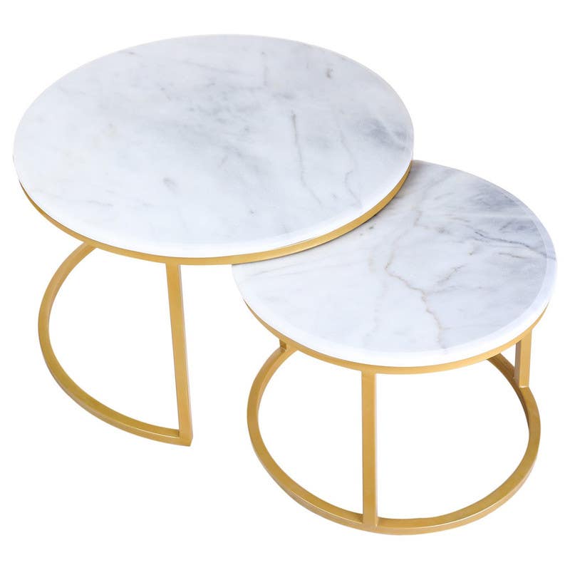 Metal Round Center Tables Set, Two Pieces, Marble Top - Gold