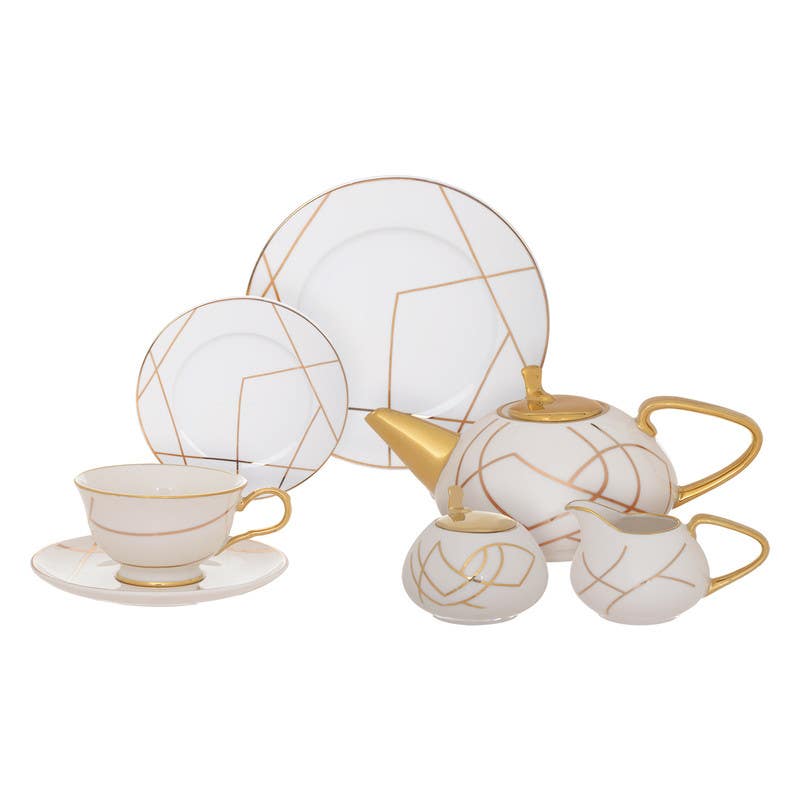 Lotus Dream Porcelain Tea and Cake Set, 24 Pieces - White Gold