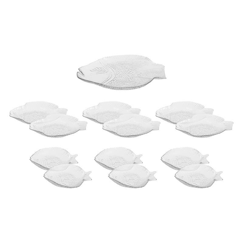 Fish Shape Glass Plates Set, 13 Pieces - Clear