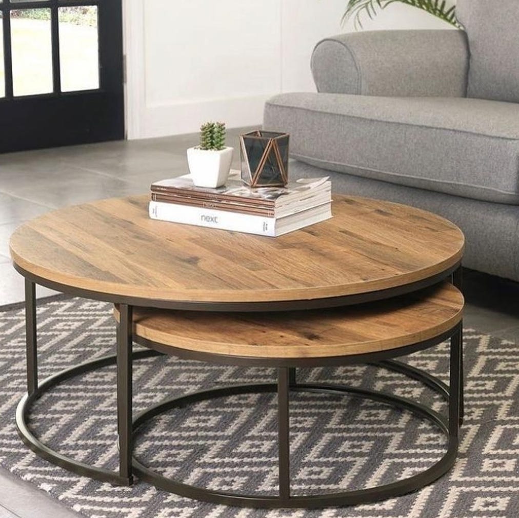 Steel Round Center Tables Set, Two Pieces, Wooden Top - Black Wooden