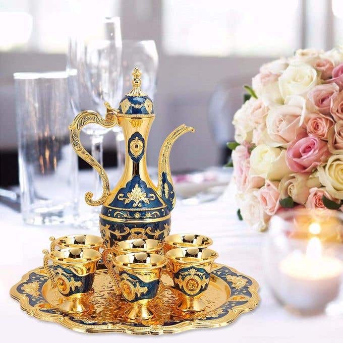 Turkish metal tea set, plate, flask and 6 cups - blue gold