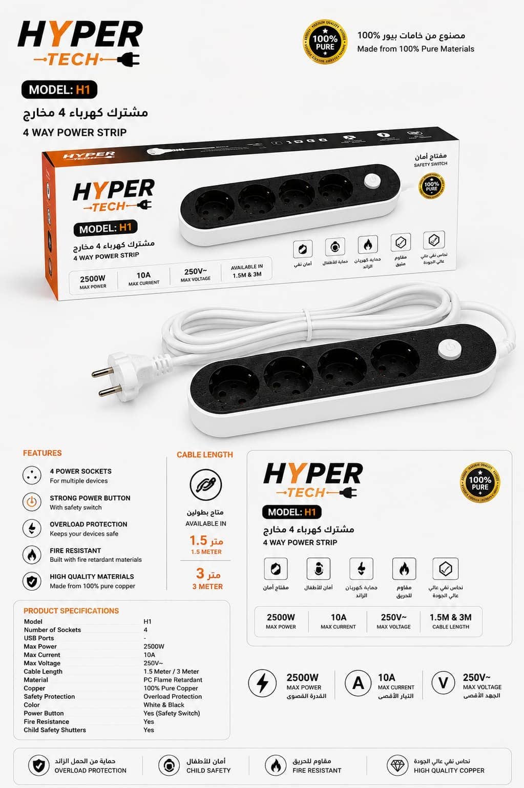 Hypertech H1 Power Strip - Four Ports With Safety Switch