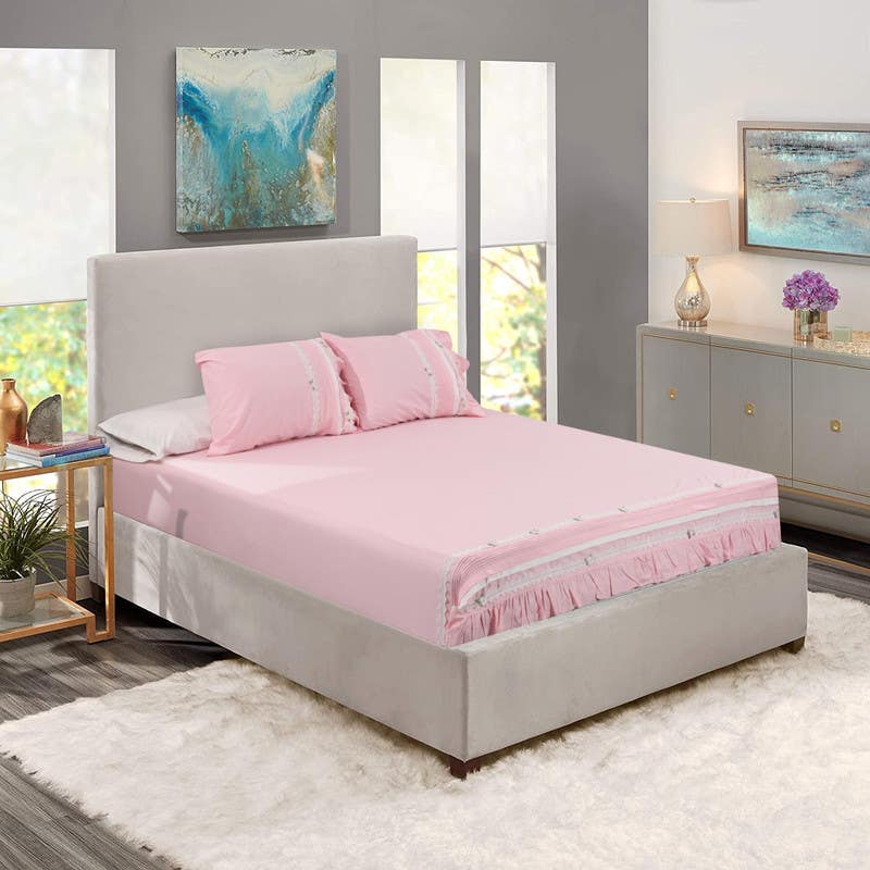 Harir Canar Embroidered Cotton Bed Sheet Set, 4 Pieces, 2800 Grm - Rose White