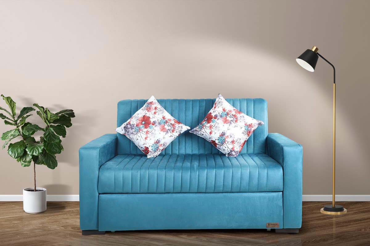 Aldora Waves Sofa Bed, Natural Wood, Velvet Fabric, 145 × 85 × 85 cm - Turquoise