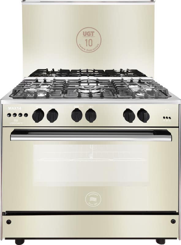 Unionaire C69SS-GC-447-IFDSO-2W-M14-AL Gas Cooker, 5 Burners, 90×60 cm, Full Stainless Steel, Auto Ignition, Cast Iron Holder, Fan, Half Safety, Digital - Mirror Silver