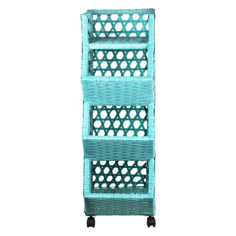 Rectangular Rattan Trolley, 3 Tiers, 93×30×30 cm - Turquoise