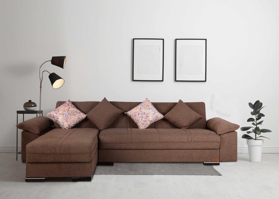 Aldora Miami L-Shaped Sofa Natural Wood, Linen Fabric, 2 Seats, Chaise Longue, 2 Pieces, 4 Pillows, 277X73X76 Cm - Brown