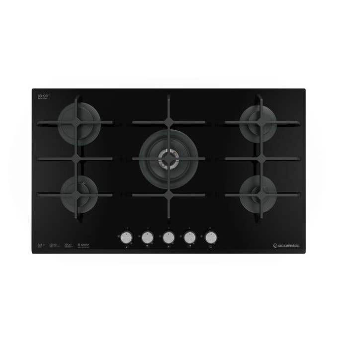 Ecomatic Built-in Hob, 5 Gas Burners, 90cm, Cast Iron Pan Supports, S957C - Black