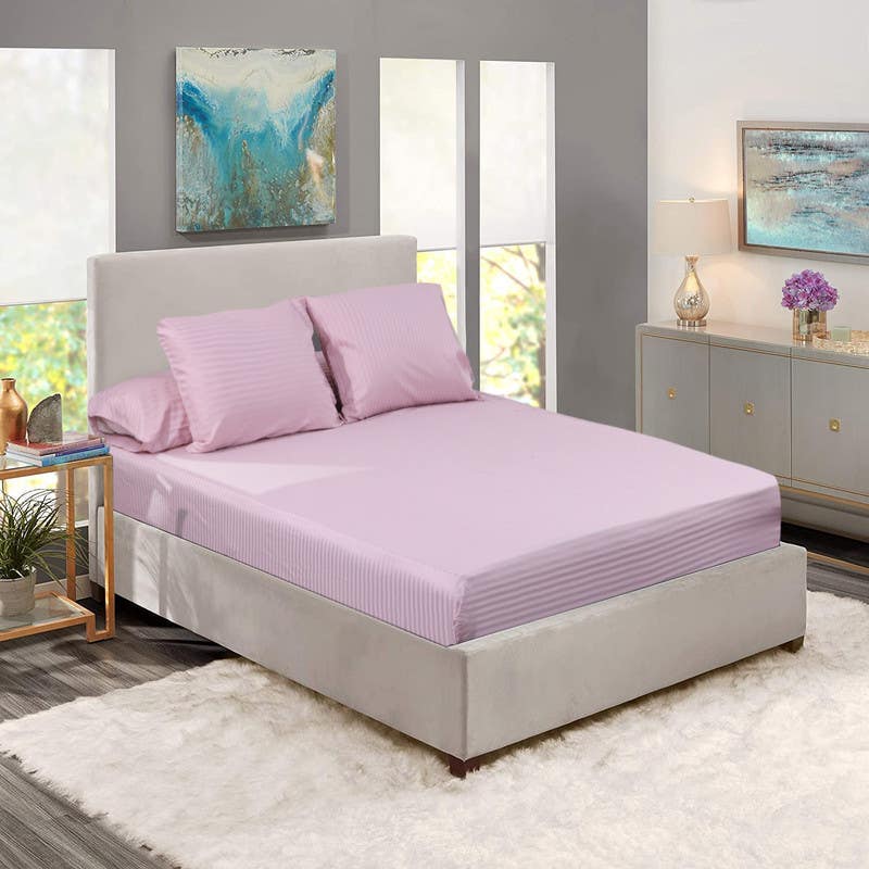 Besan Striped Cotton Bed Sheet Set, 4 Pieces, 1650 grm - Rose