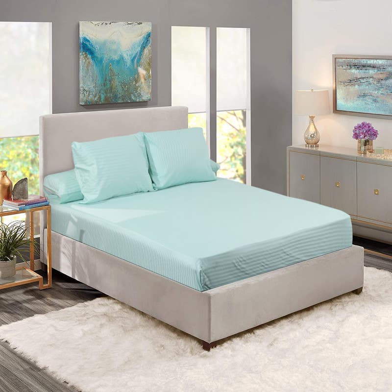 Besan Striped Cotton Bed Sheet Set, 4 Pieces, 1650 grm - Turquoise