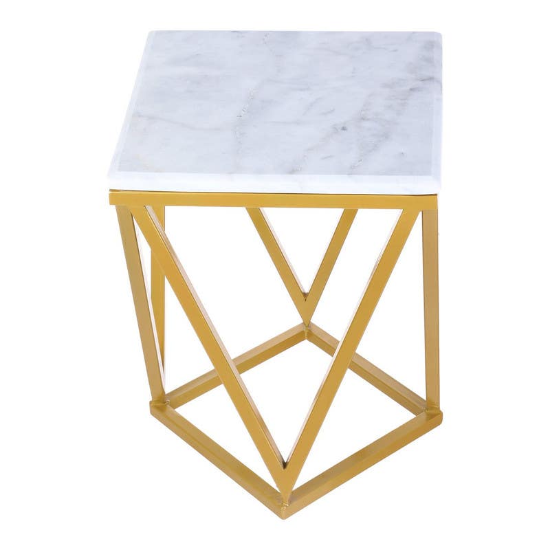 Square Side Table with Marble Surface Gem Shape, 40×50 cm - Gold