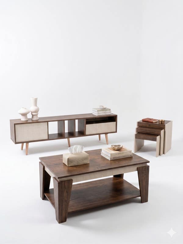 TV stand, coffee table, and corner table set, 5 pieces, MDF - brown beige