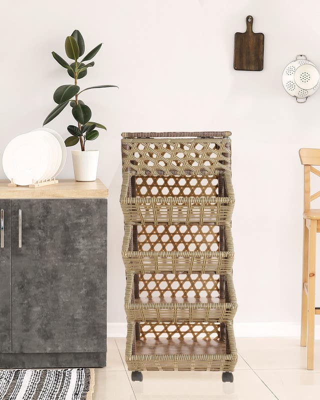 Rectangular Rattan Trolley, 4 Layers, 33×40×116 cm -Multicolor