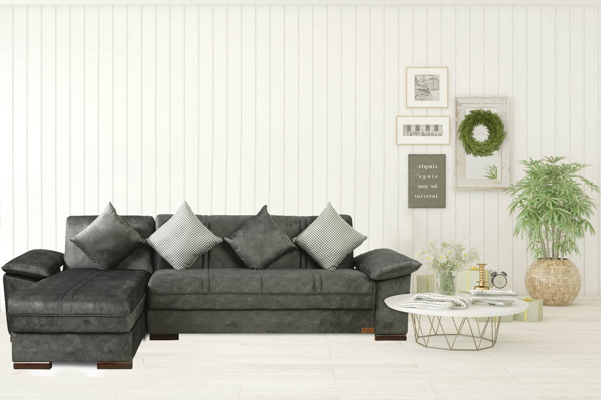 Miami Aldora L-Shaped Sofa Natural Wood, Upturned leather Fabric, 2 Seats, Chaise Longue, 2 Pieces, 4 Pillows, 277X73X76 Cm - Dark Grey