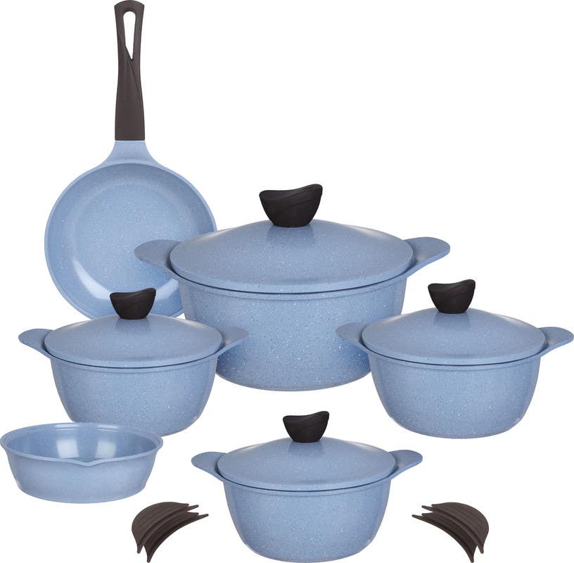 Master Flower Granite Pots Set, 14 Pieces - Light Blue