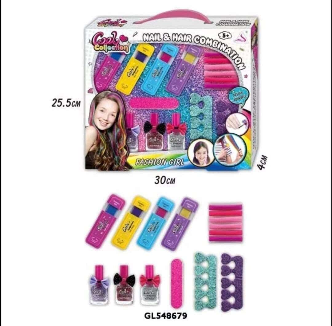 Fashion Girl Hair And Nail Styling Set, Kids' Makeover With Nail Polish And Hair Accessories - Multicolor