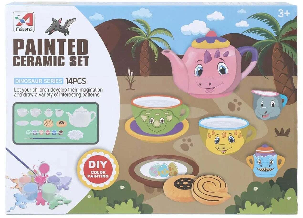 Dinosaur-Themed Ceramic Tea Set, Suitable For Ages 3 And Up, 14 Pieces - Multi-Colored