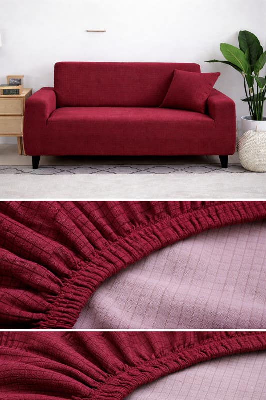 Sofa Cover With Interlocking Design, Large Jumbo Size, 3-Seater - Burgundy