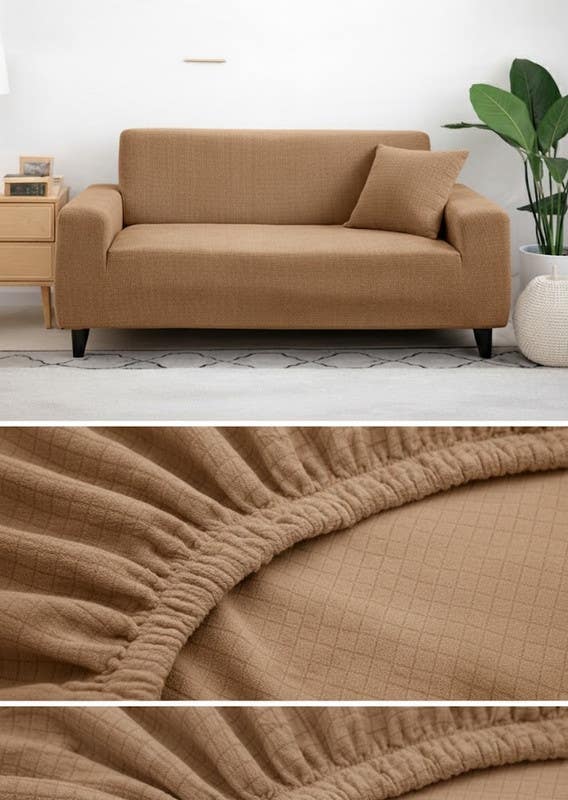 Sofa Cover with Interlocking Design, Large Size, 3-Seater - Cafe