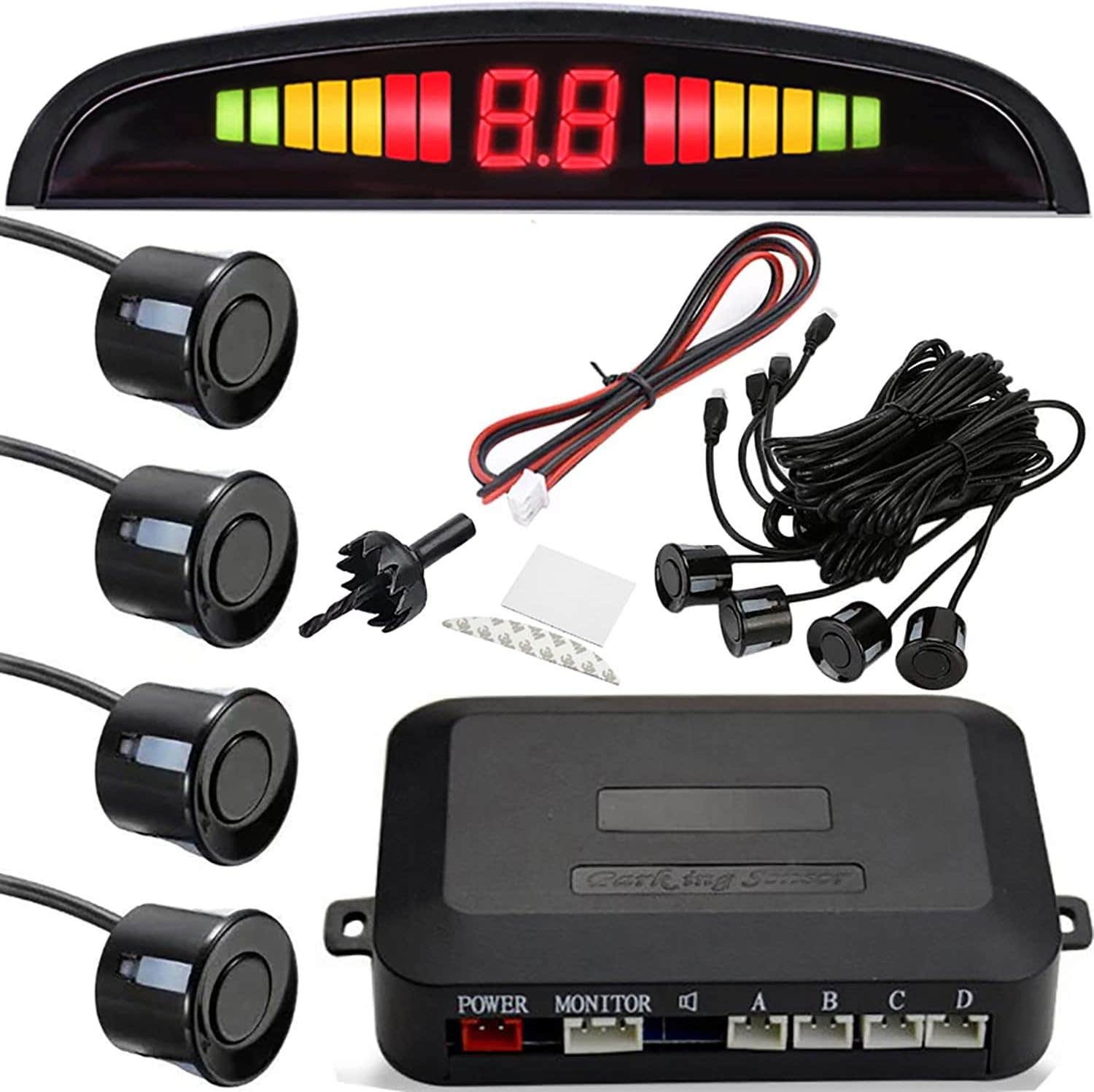 Car Reversing Alarm Parking Aid With 4 Sensors and LED Indicators - Black