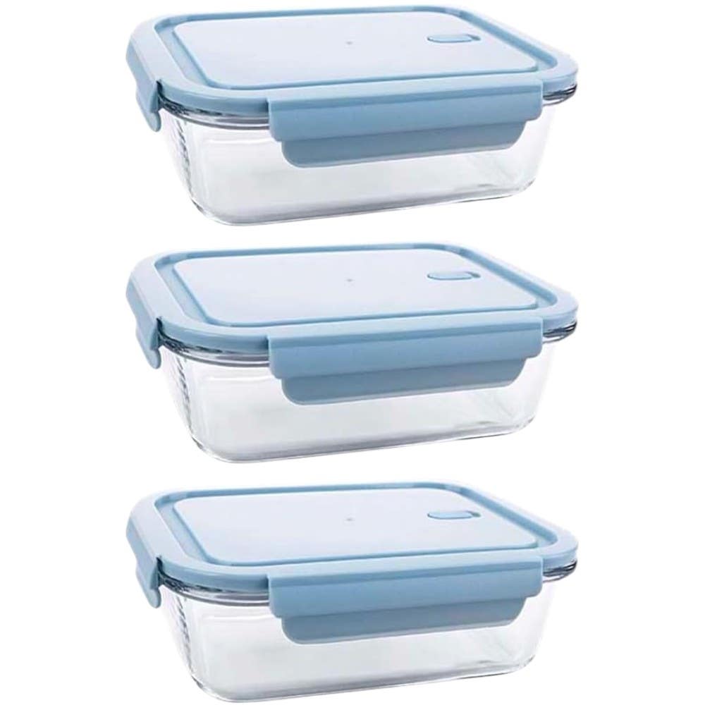 Glass Food Containers With Leakproof Lids , 3 Pieces , 3 Sizes - Light Blue