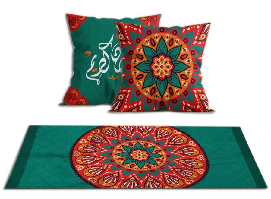 Velvet Runner Tablecloth Ramadan Pattern, With 2 Cushion Covers - Multicolor