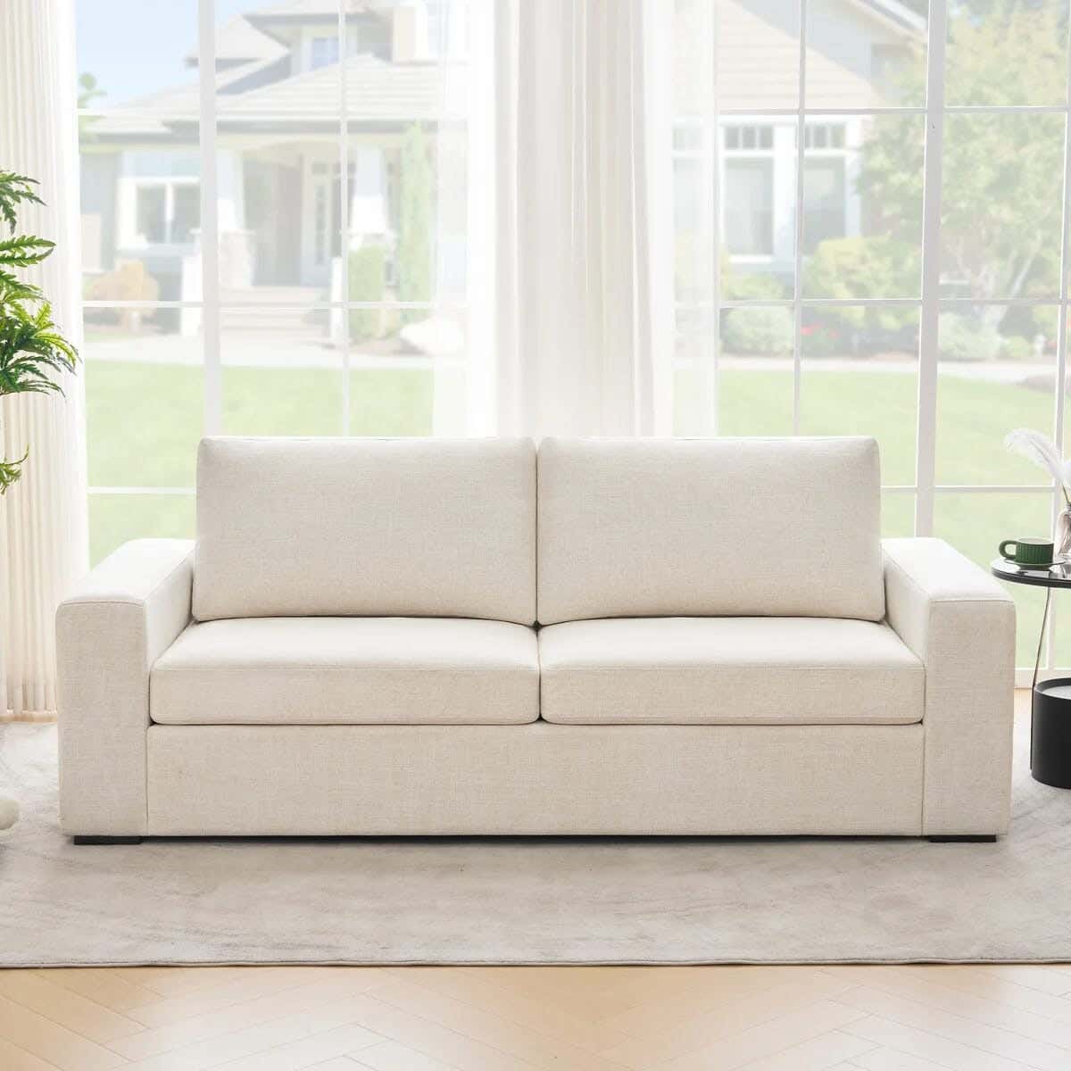 Two-seater sofa, beech wood and linen fabric, 180x80x80 cm - Beige